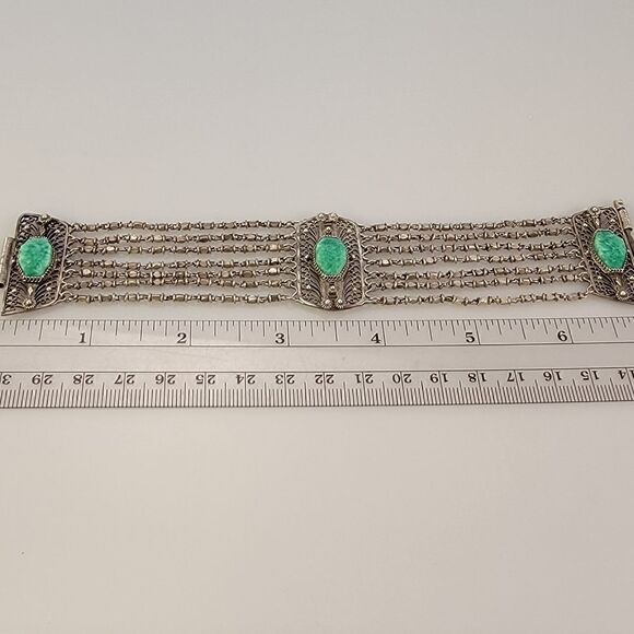 Vintage Silver Middle Eastern Filligree Green Stone Strand Bracelet - Picture 7 of 7